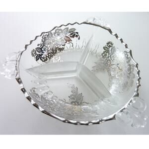 Vintage Candy Nut Dish Glass Bowl Silver Inlay Flowers Elegant Decor